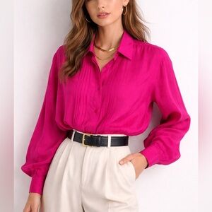 Vintage 100 percent silk fuchsia blouse pleated front 80’s hot pink fits size M